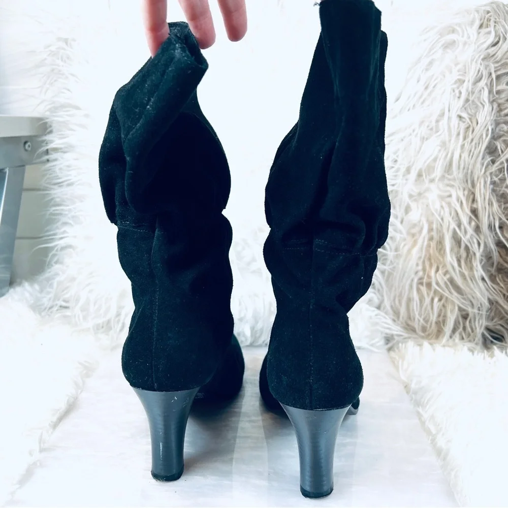 VINTAGE Rocker CHIC sz 7M Black Suede Leather Gathered High Heeled Boots